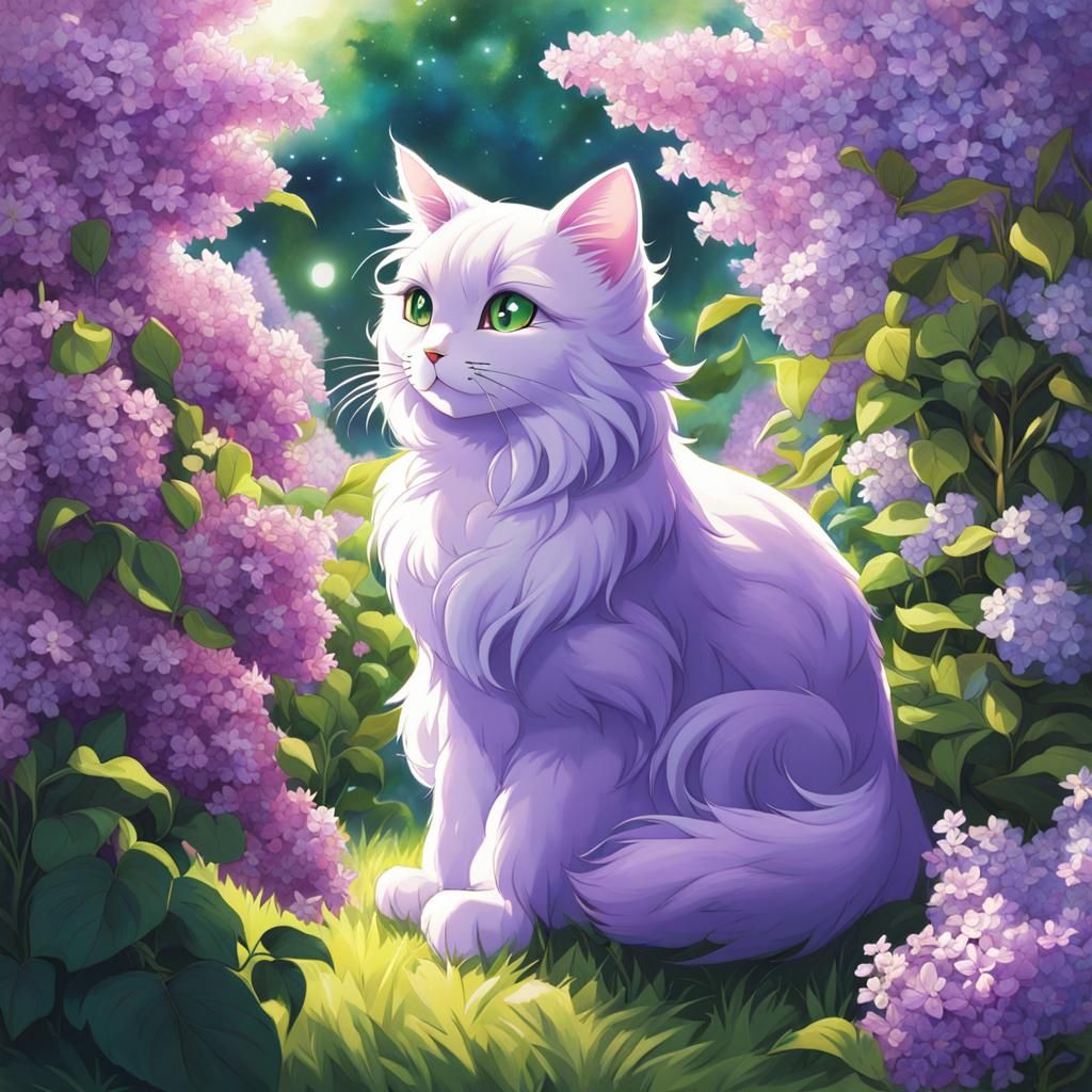 Lilac Cat in Anime Style Garden