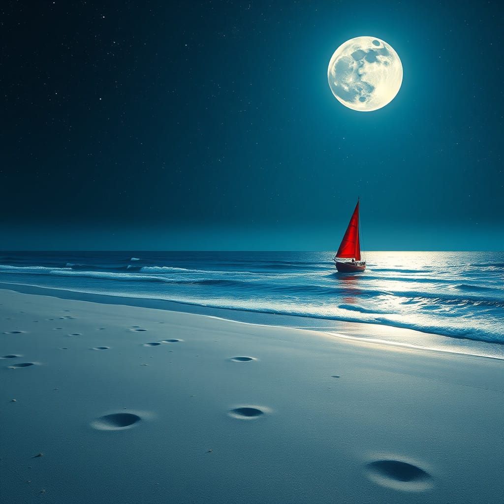 Exotic Beach Under Starlight Night Sky with Red Sailboat