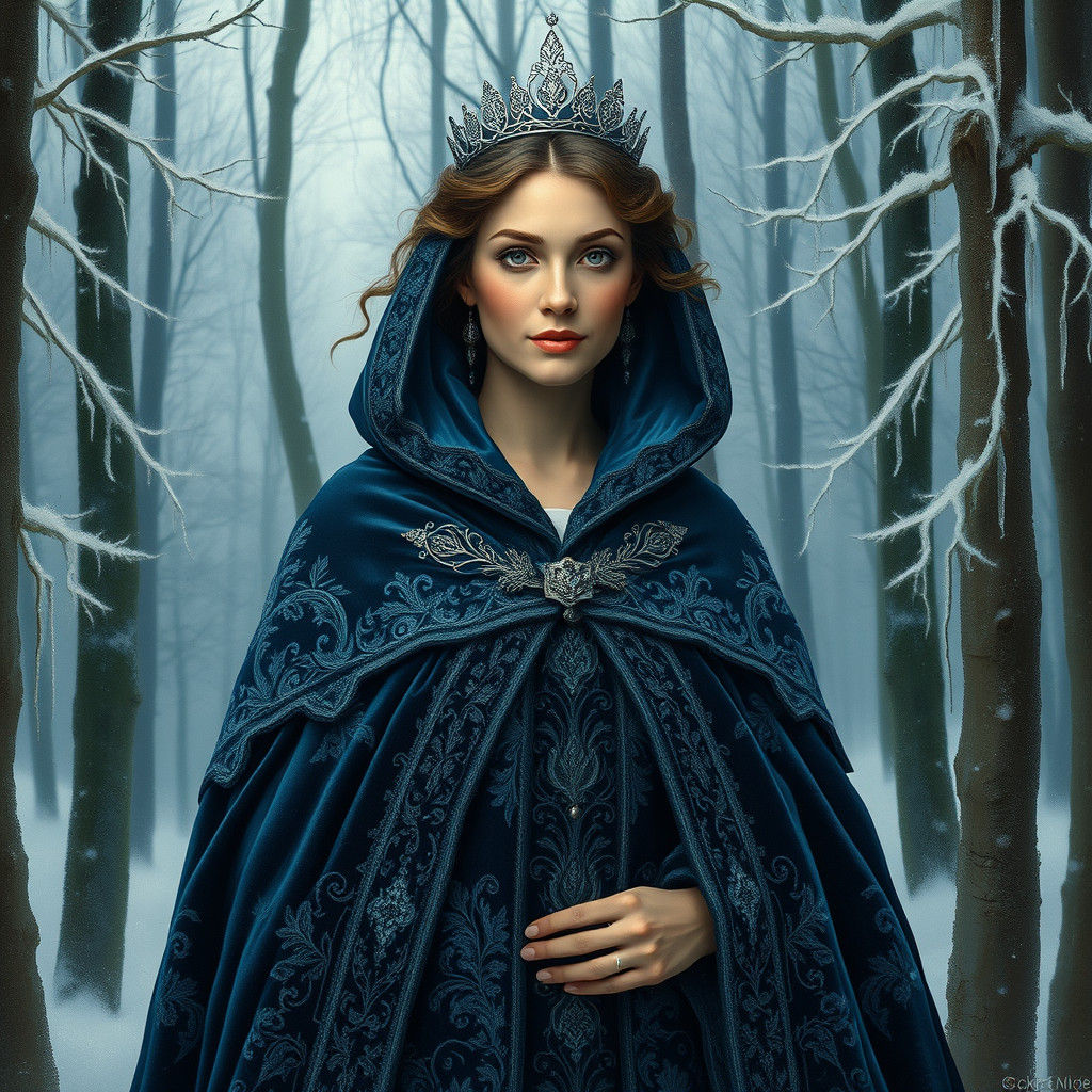 Winter Queen in Snow-Covered Forest, Fairy Tale Style