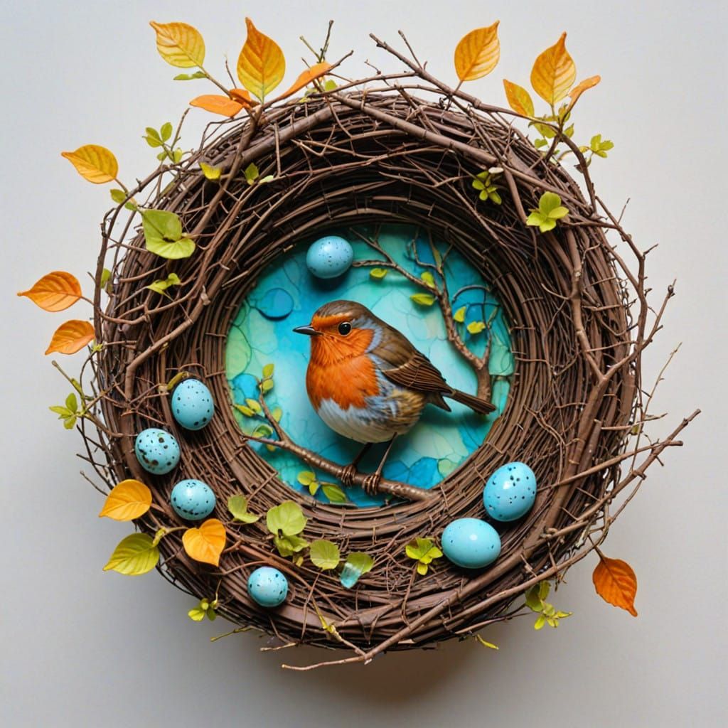 Surreal Drone View of Vibrant Summer Tree with Robin and Nes...