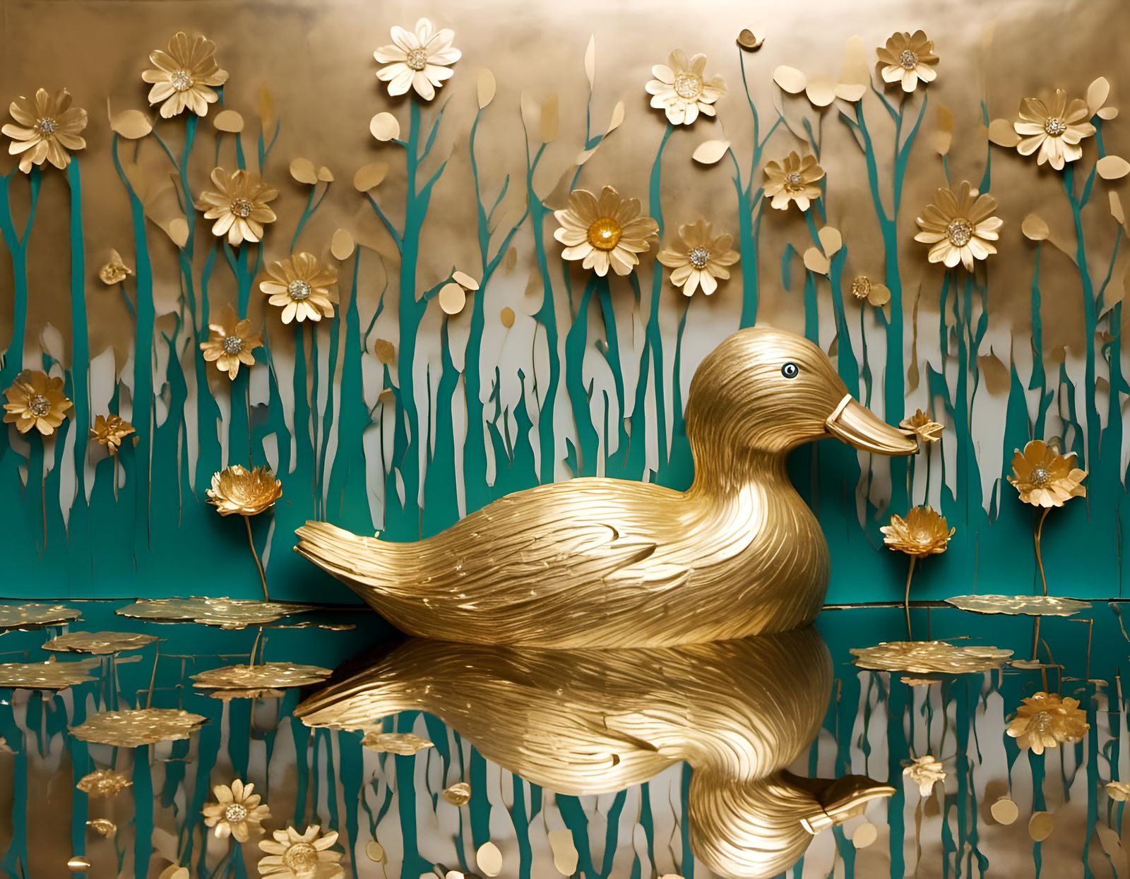 Golden Duck in Metallic Pond
