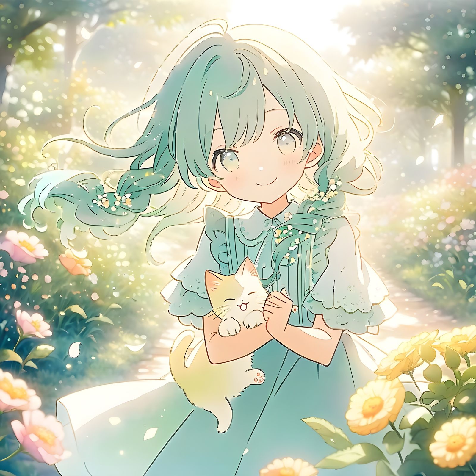 Pastel Anime Girl with Kitten in Ghibli Style