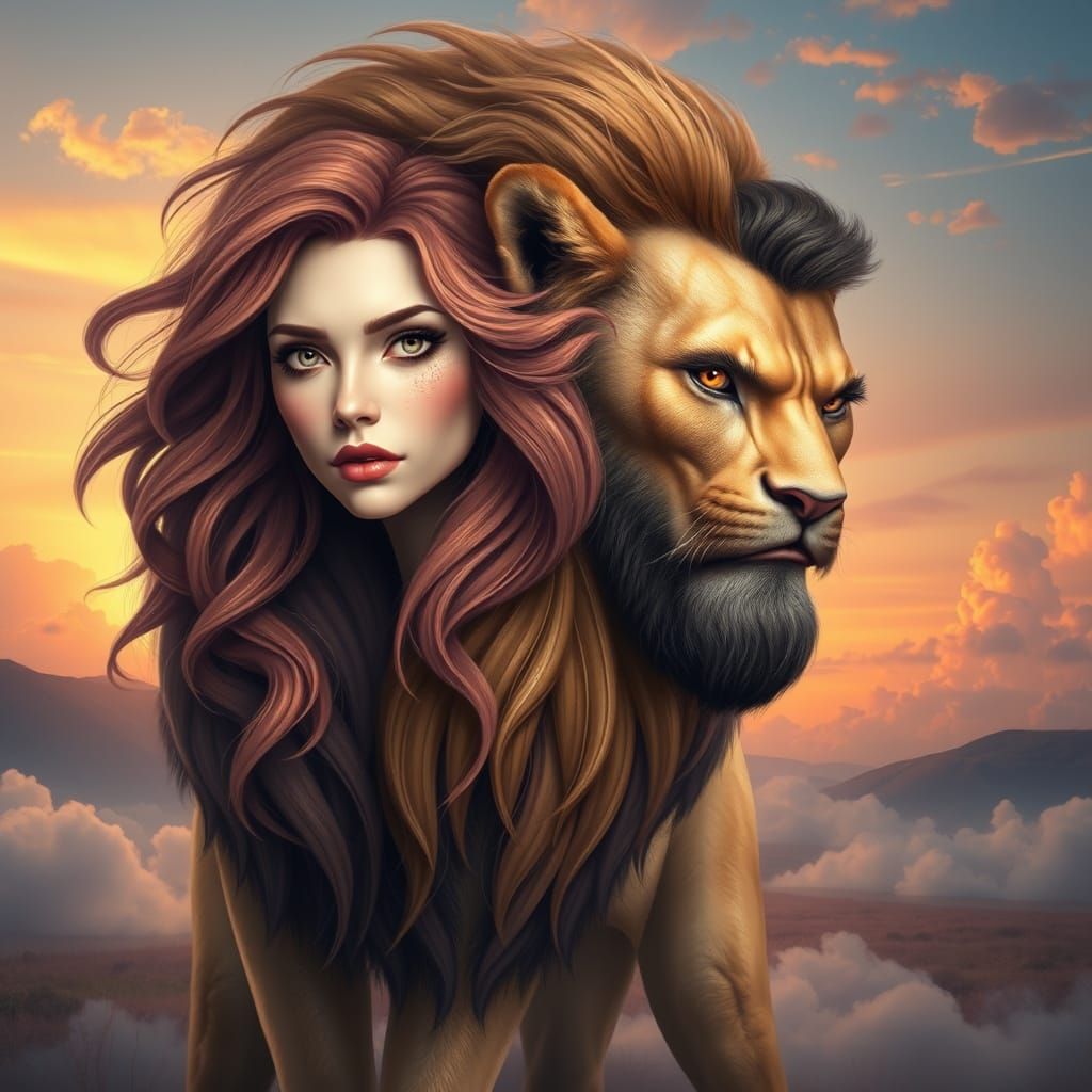 Surreal Two-Headed Lion in Hyperrealistic Style