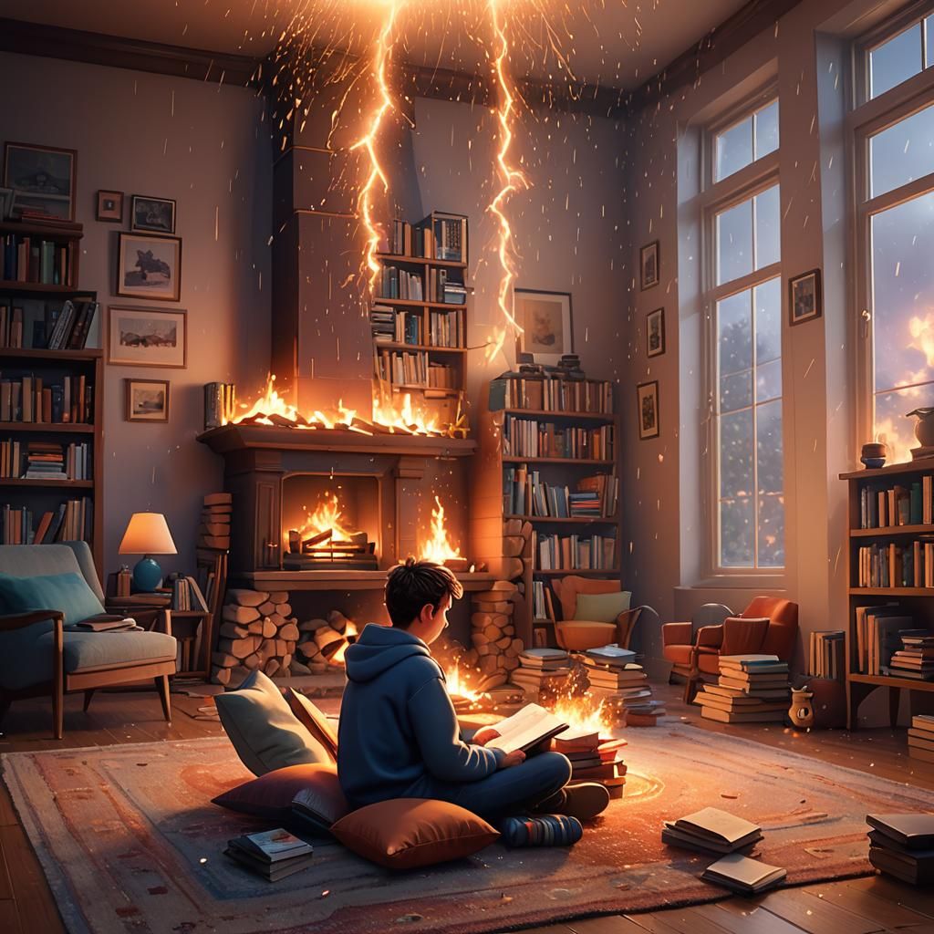 Cozy Fireplace Scene in Pixar 3D Style