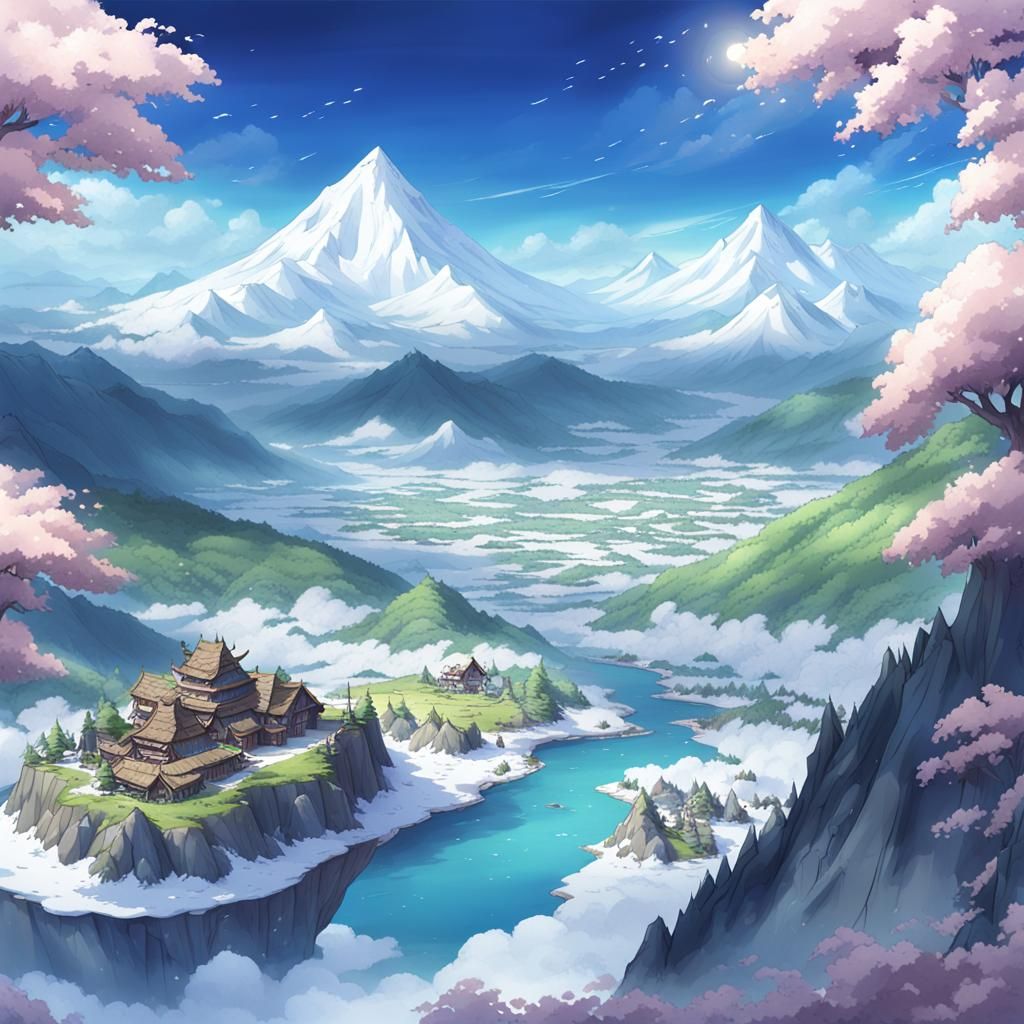 Snowy Mountain Island in Anime Fantasy World