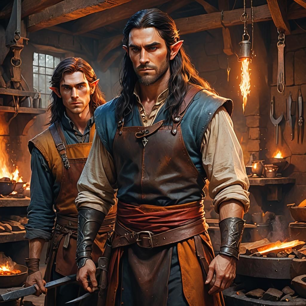 A young male elf with long black hair, blue eyes,wearing a leather apron, standing next to a long red  haired bearded ma...