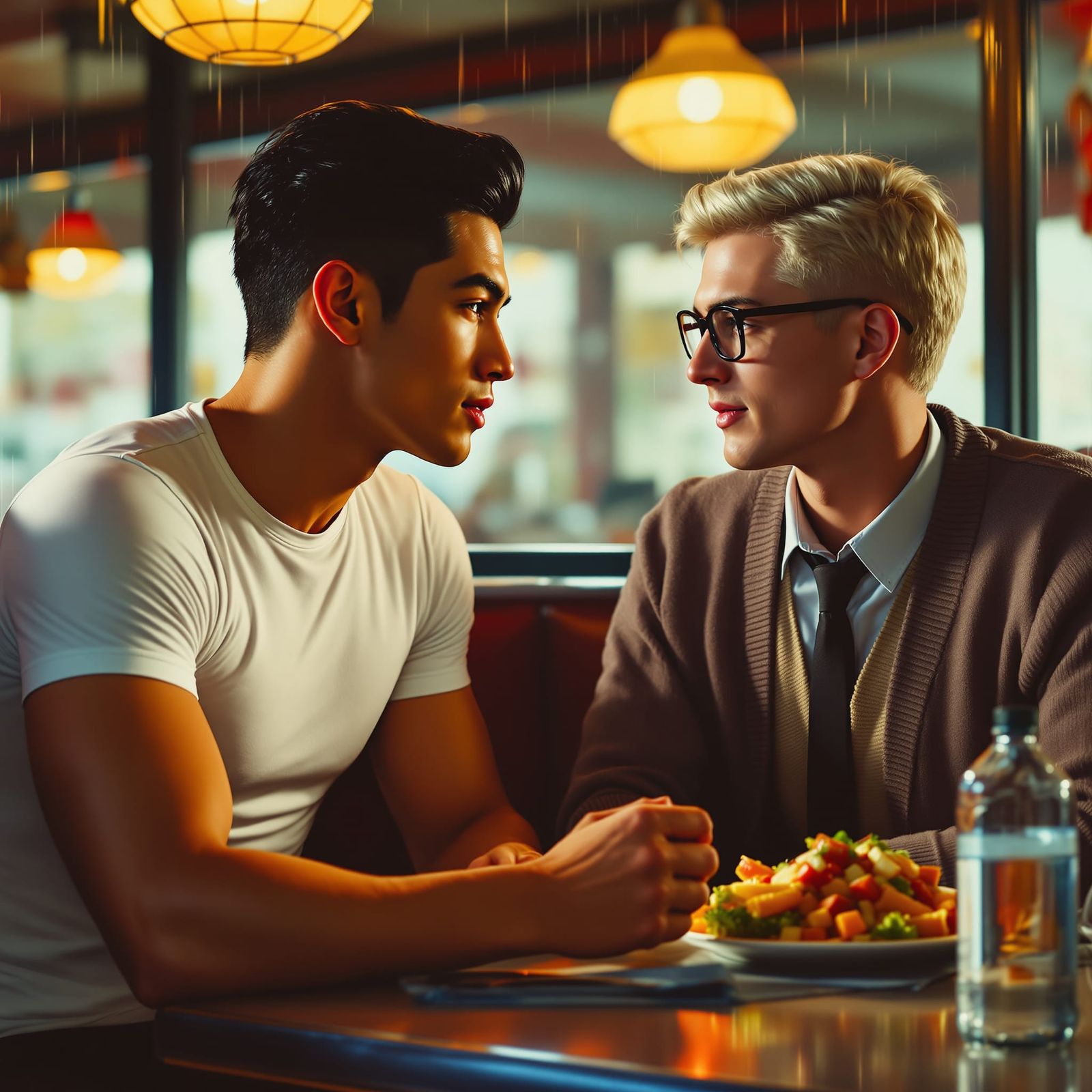 1950s Diner Scene: Two Men Gazing Intently