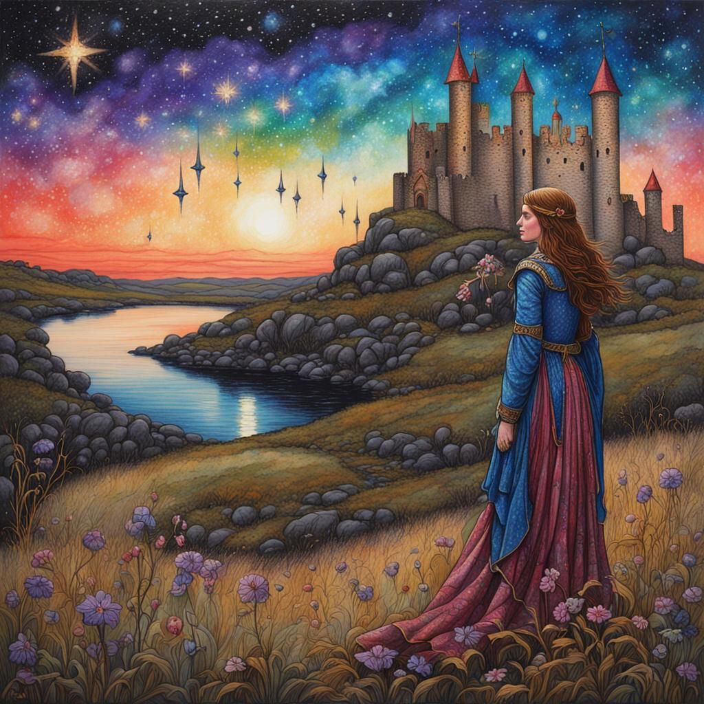 Medieval Woman Gazes at Shooting Star: Waterhouse Style