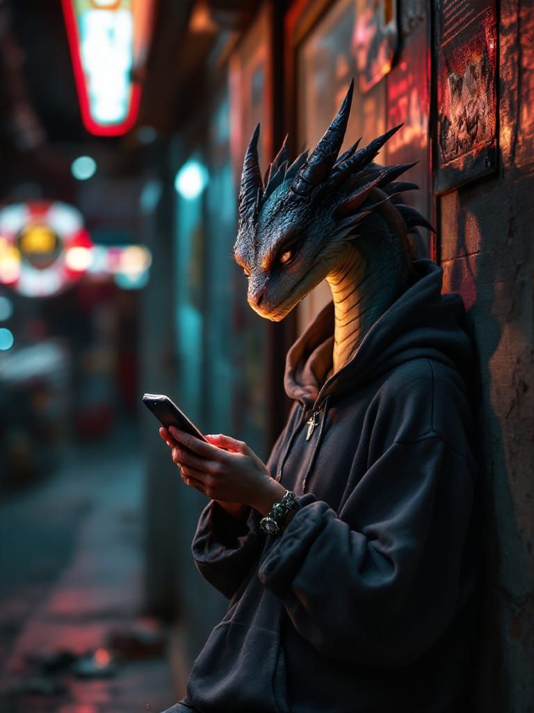 Dragon Texting near Dimly Lit Storefront