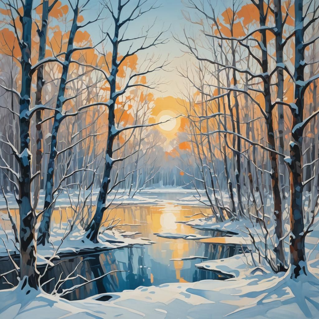 Frozen Lake with Snowy Trees in Abstract Expressionism