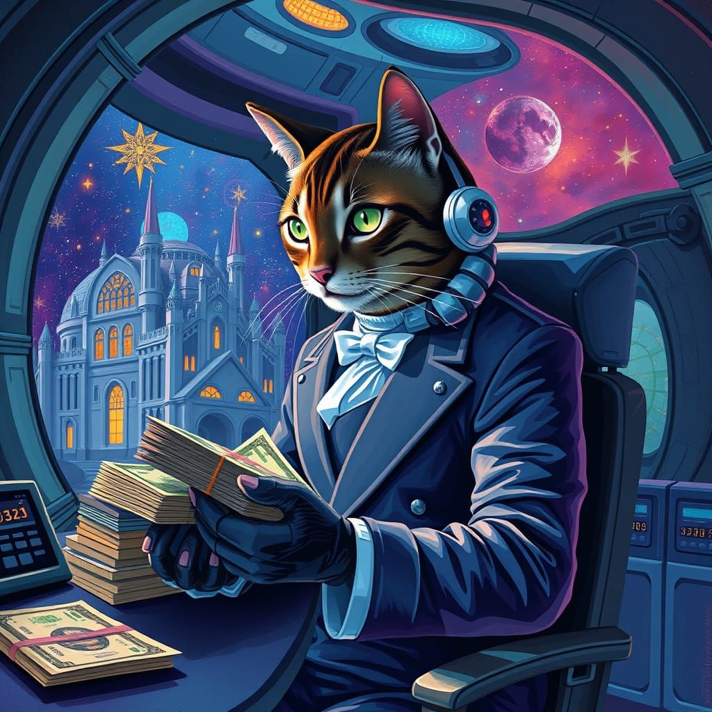 Cat Banker Counts Galactic Currency in Picasso Style