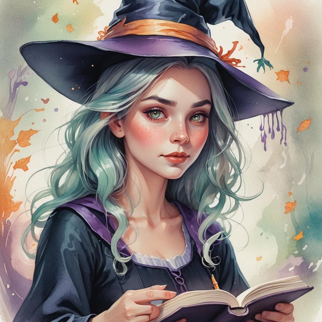 Cute Witch Reading Book in Colored Pencil Style