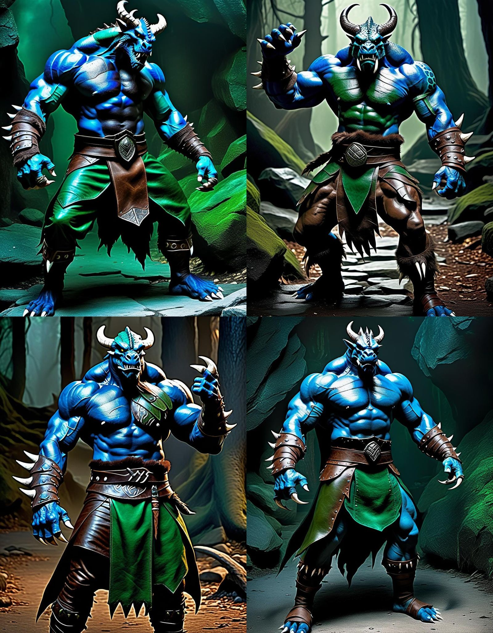 Muscular Blue Dragonborn Barbarian in a Scary Setting