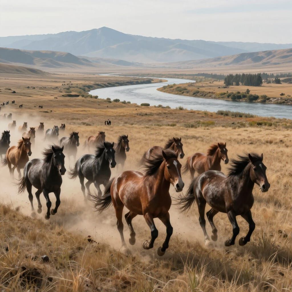 Wild Horses Galloping on High Plateau with Mountain Views