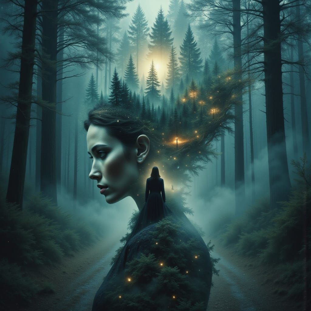 Mystical Double Exposure: Woman and Wolf