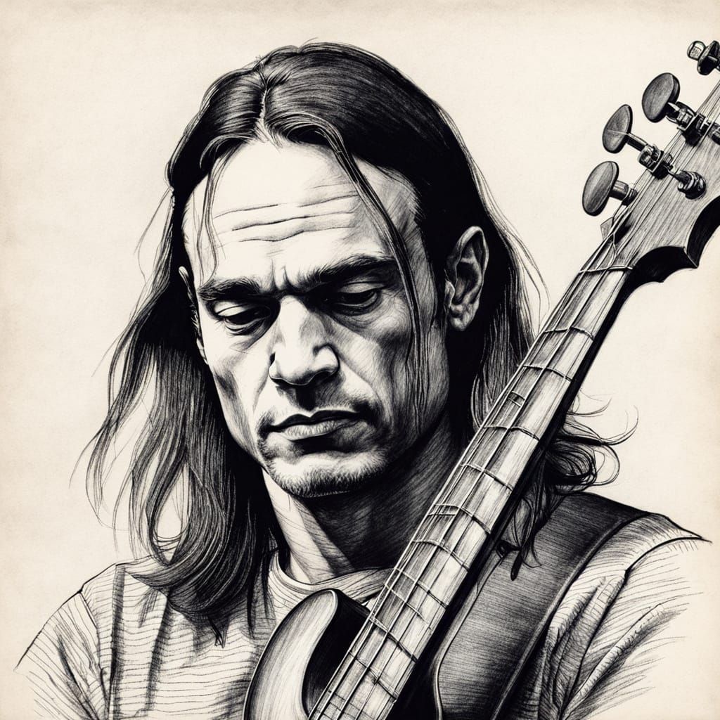 Jaco Pastorius: Detailed Charcoal Bass Guitar Portrait