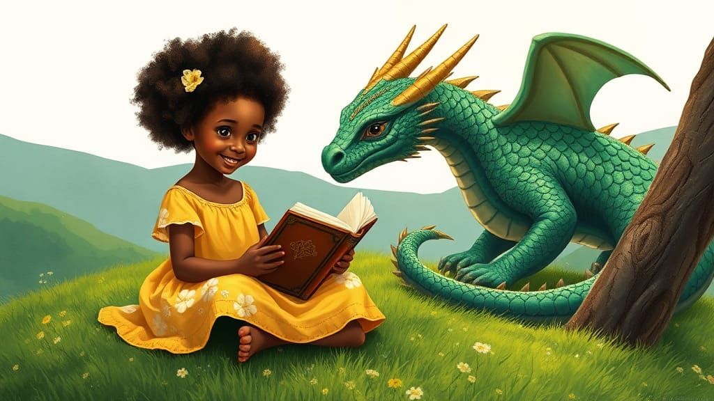 Girl Reads to Dragon: Dreamlike Gouache Illustration