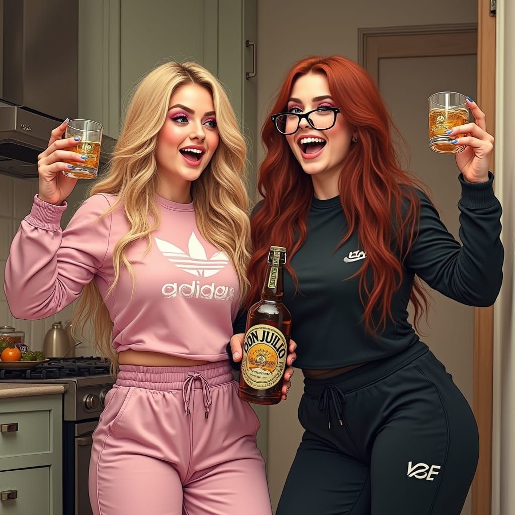 Two Women Dancing and Laughing in a Cozy Kitchen