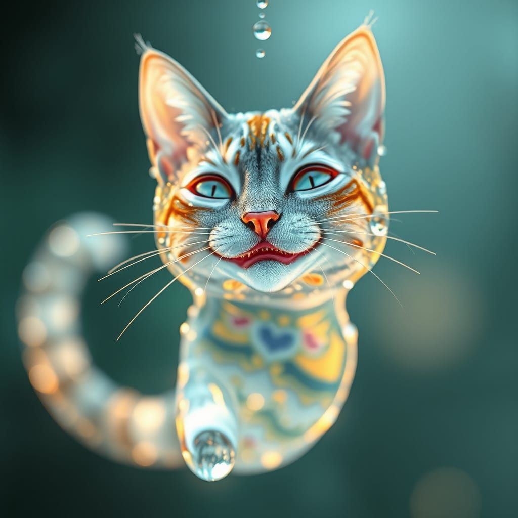 Glistening Water Cat in Mid-Air