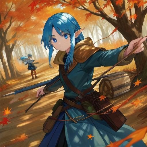 A wood elf longbow held by a blue-eyed blue-haired female wood elf ranger in autumn with golden leaves on the trees.