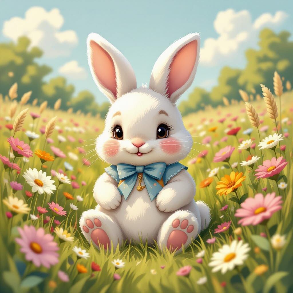 Delicate Plush Toy in Wildflower Meadow, Illustrated Realism