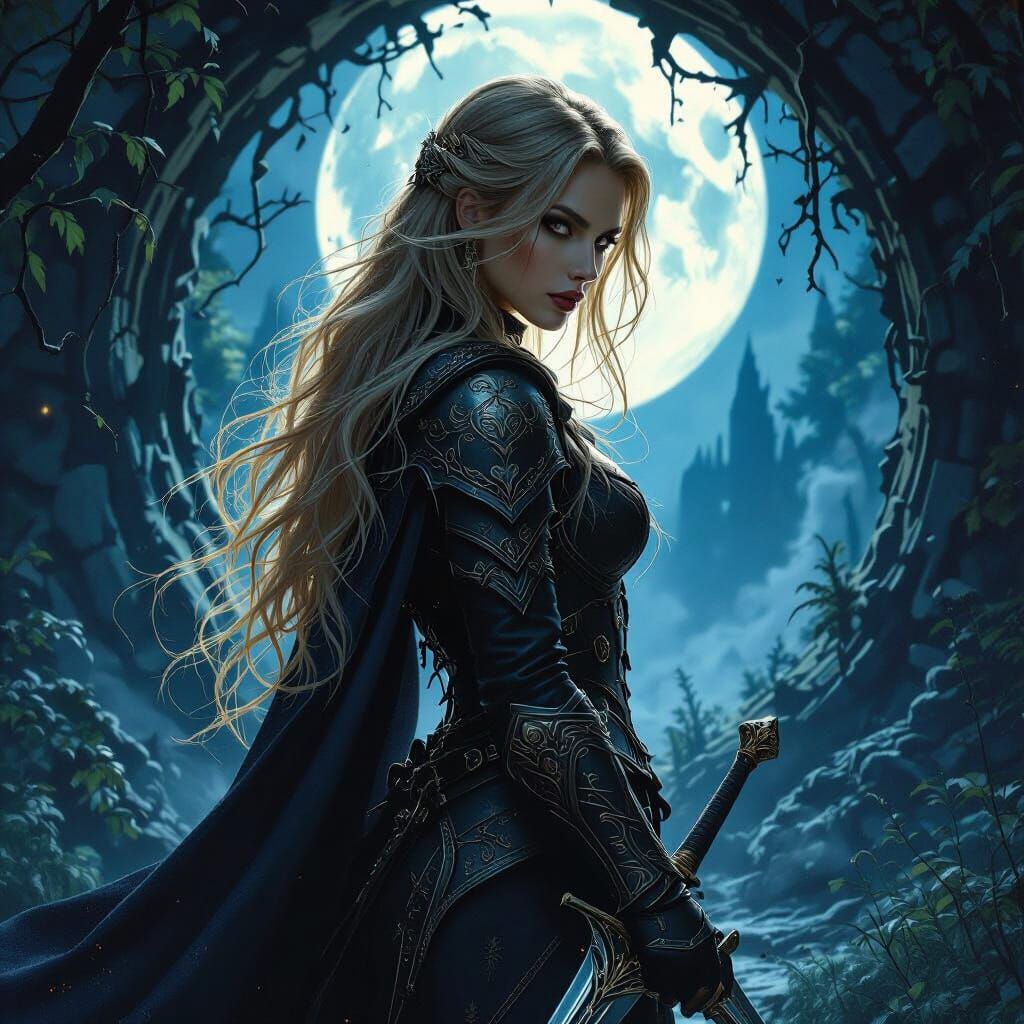 Gothic Woman in Moonlit Forest with Portal