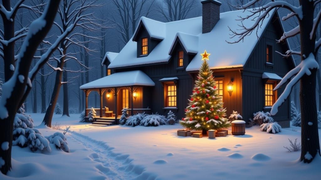 Cozy Snow-Covered Cottage Window at Christmas