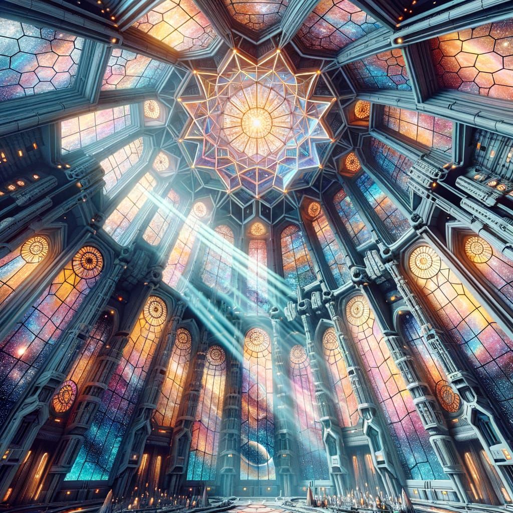 Futuristic Cathedral in Space Station with Stained-Glass Win...