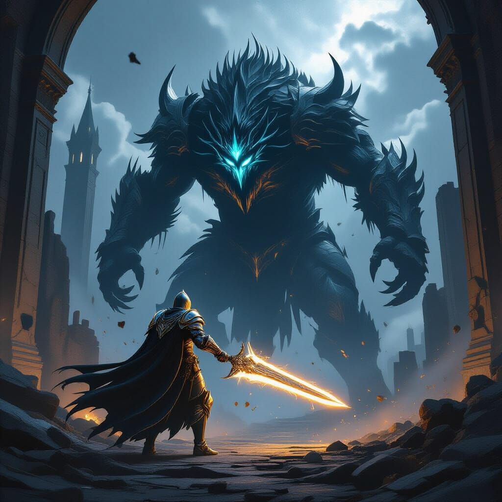 Knight Battles Shadow Beast in Floating Citadel