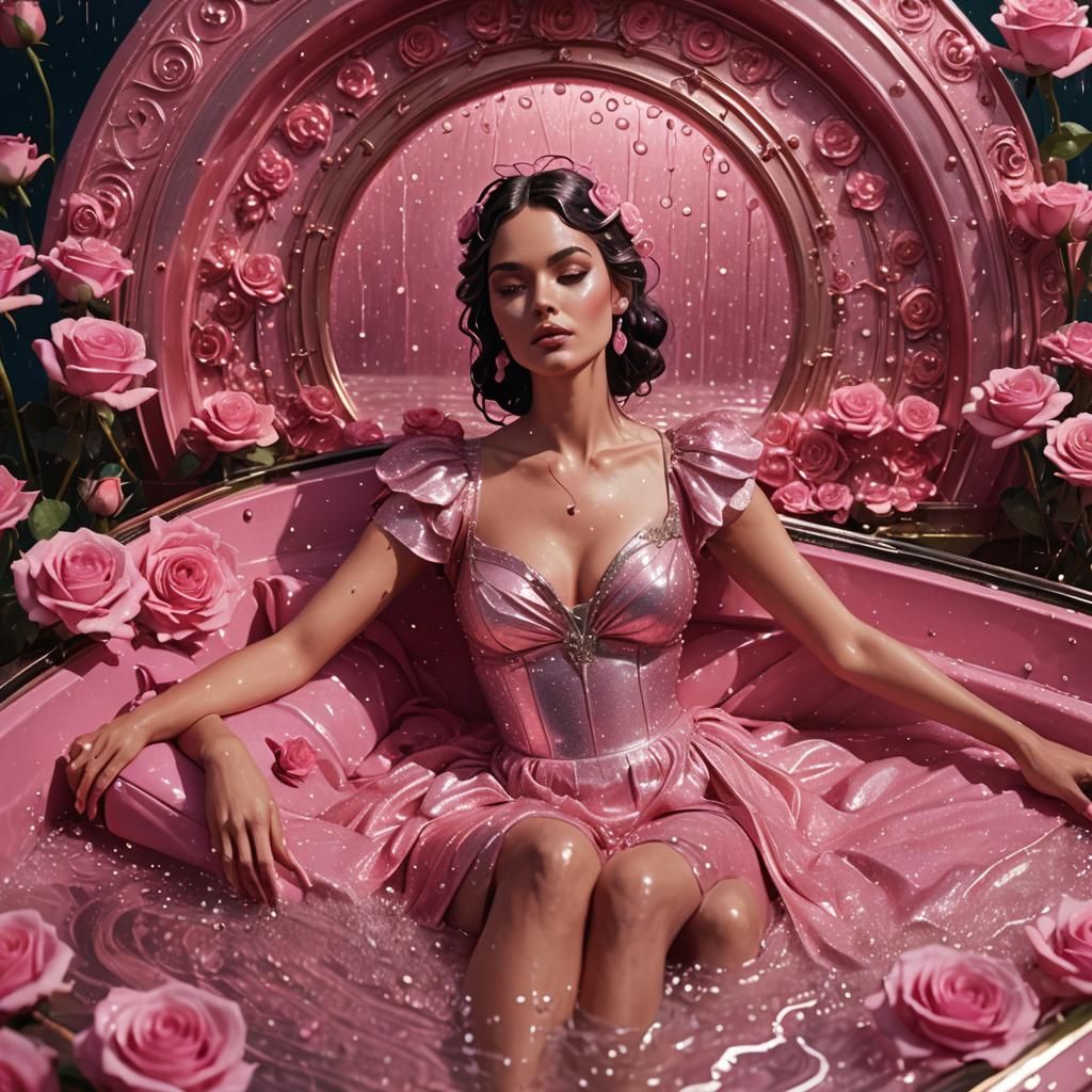 Art Nouveau Model on Pink Boat with Roses