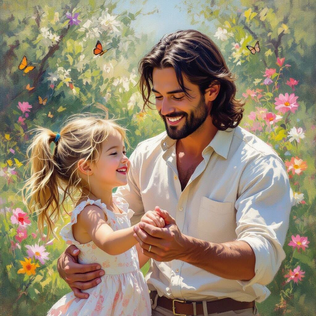 Father and Daughter Dancing in a Vibrant Garden