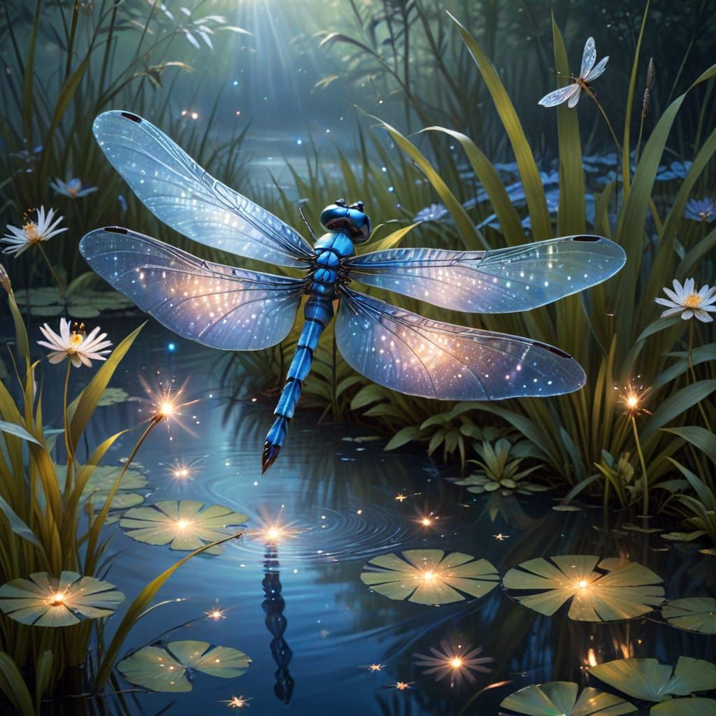 Gingham Wings Dragonfly Over Serene Pond