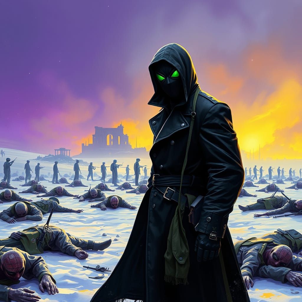 Cyberpunk Vigilante Stands Amidst War-Torn Ruins