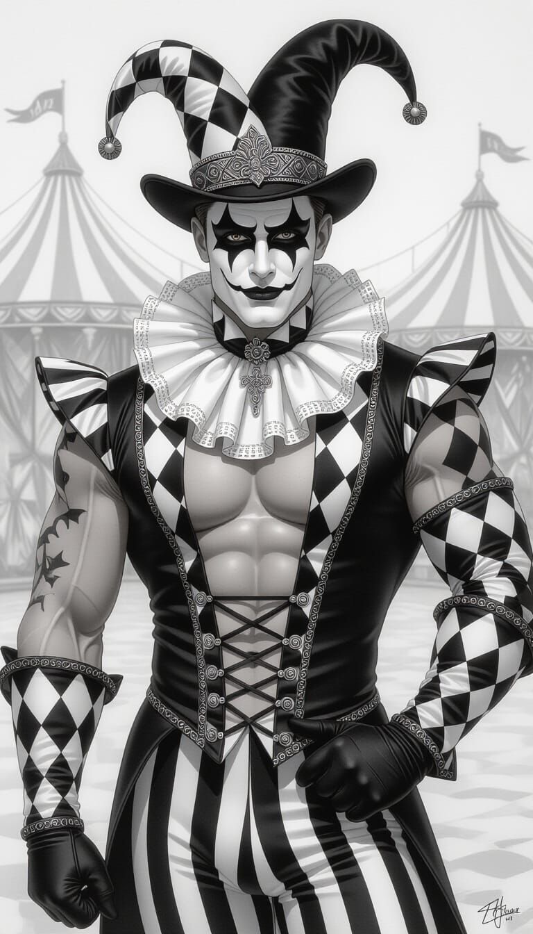 Muscular Man in Harlequin Outfit at Old Circus