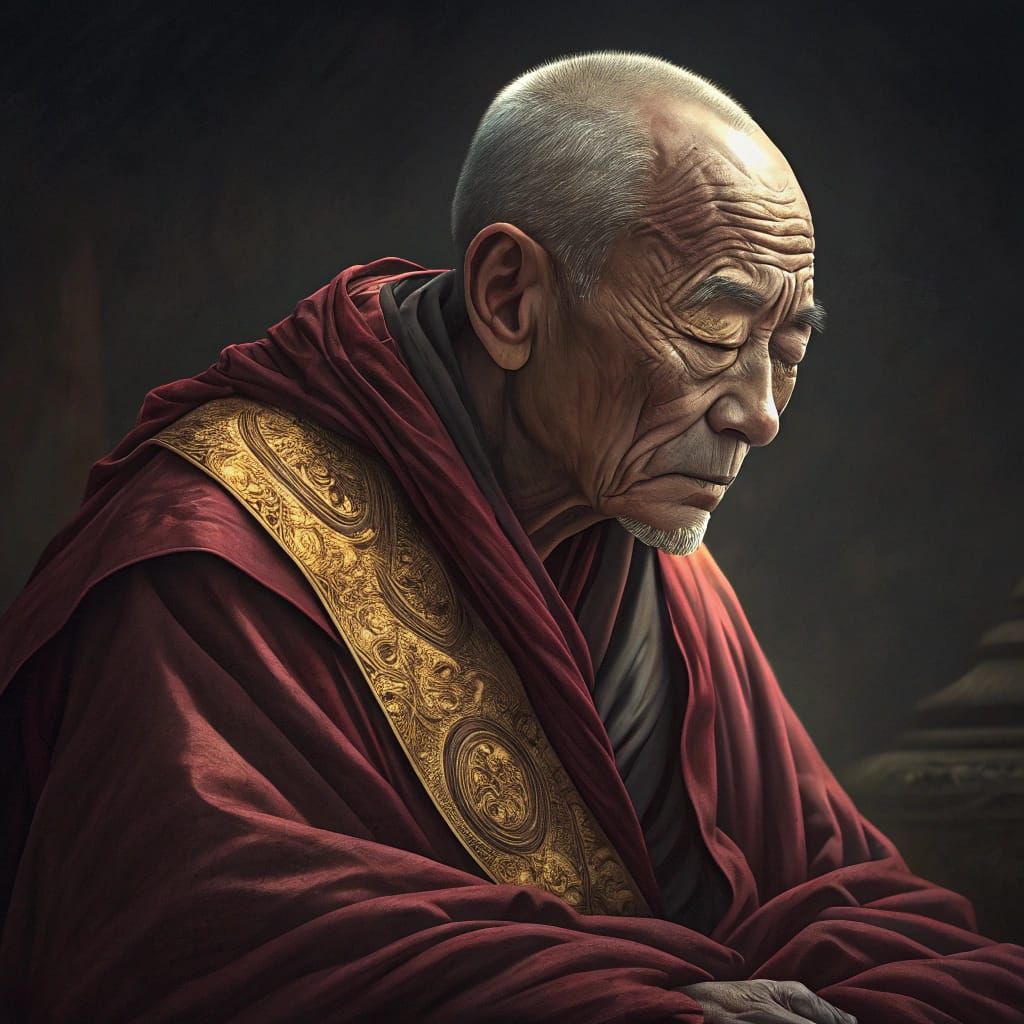Serene Face of a Tibetan Monk in Hyperrealistic Oil Portrait