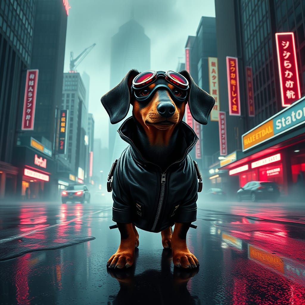 Cyberpunk Dachshund Hero in Dystopian Cityscape