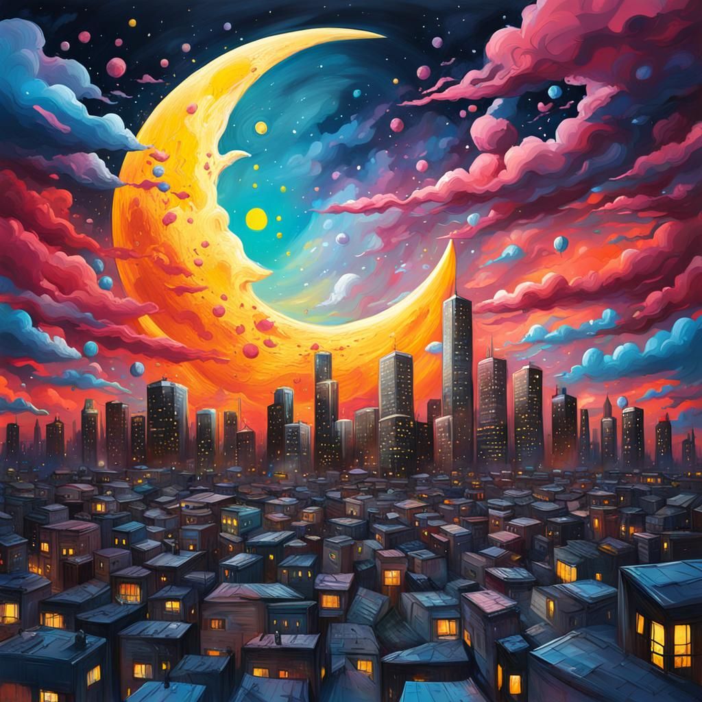 Graffiti Art: Giant Moon Over City