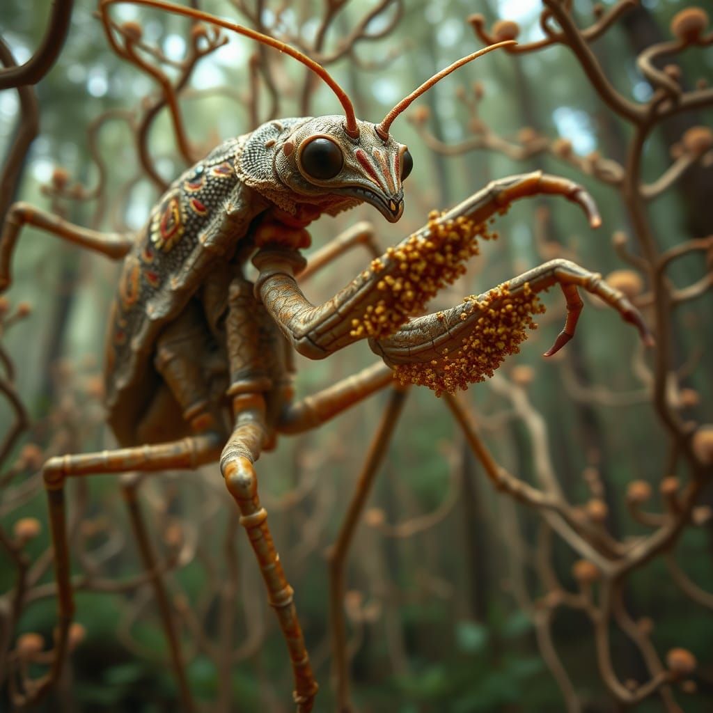 Mantis-Human Hybrid in Mycelium Network, Detailed Art