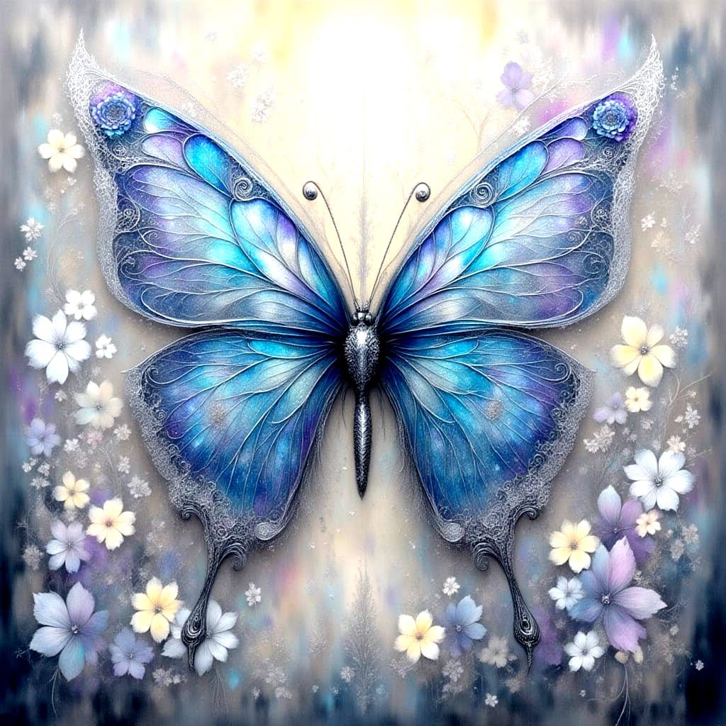 Ethereal Blue Butterfly in Renaissance Oil Painting Style