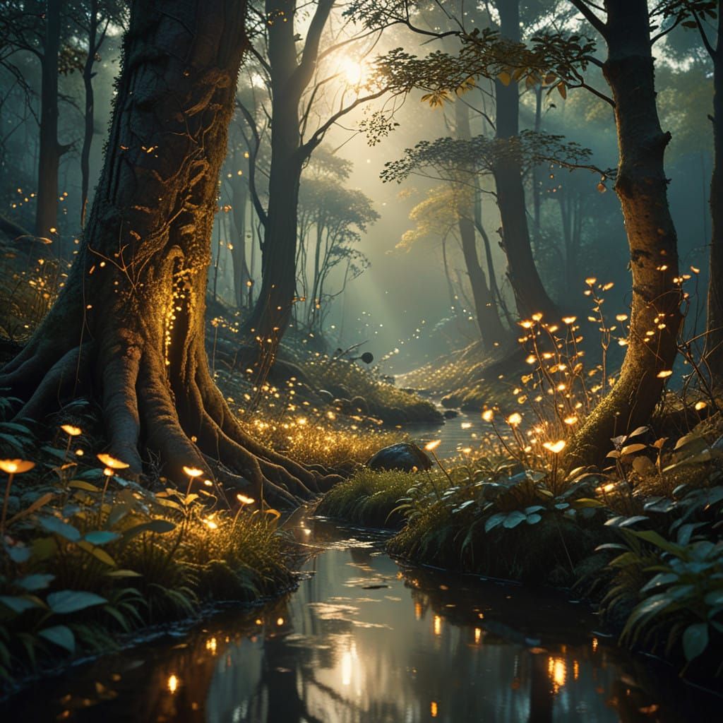 An ancient, enchanted forest illuminated by bioluminescent plants and glowing mushrooms