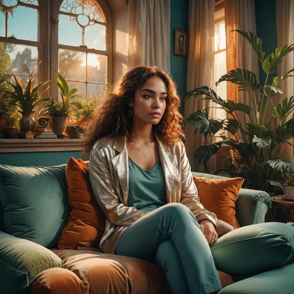 Elegant Woman on Sofa: Impressionistic Fantasy Art