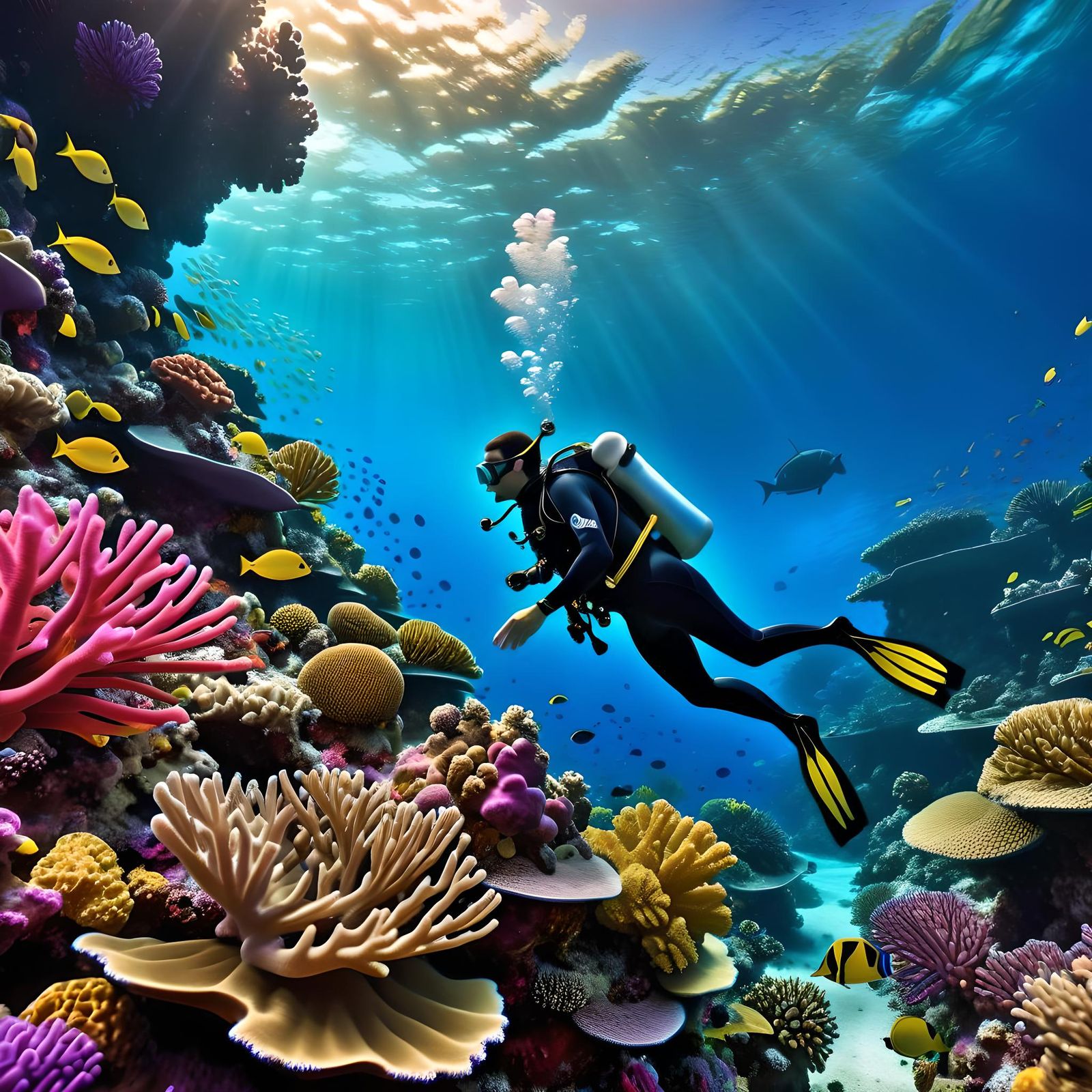 Scuba Diver Explores Tropical Coral Reef in Comic Art
