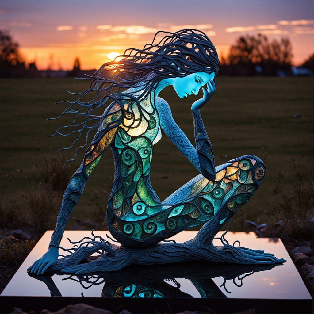 Surreal Fragmented Sculpture of Woman at Sunset