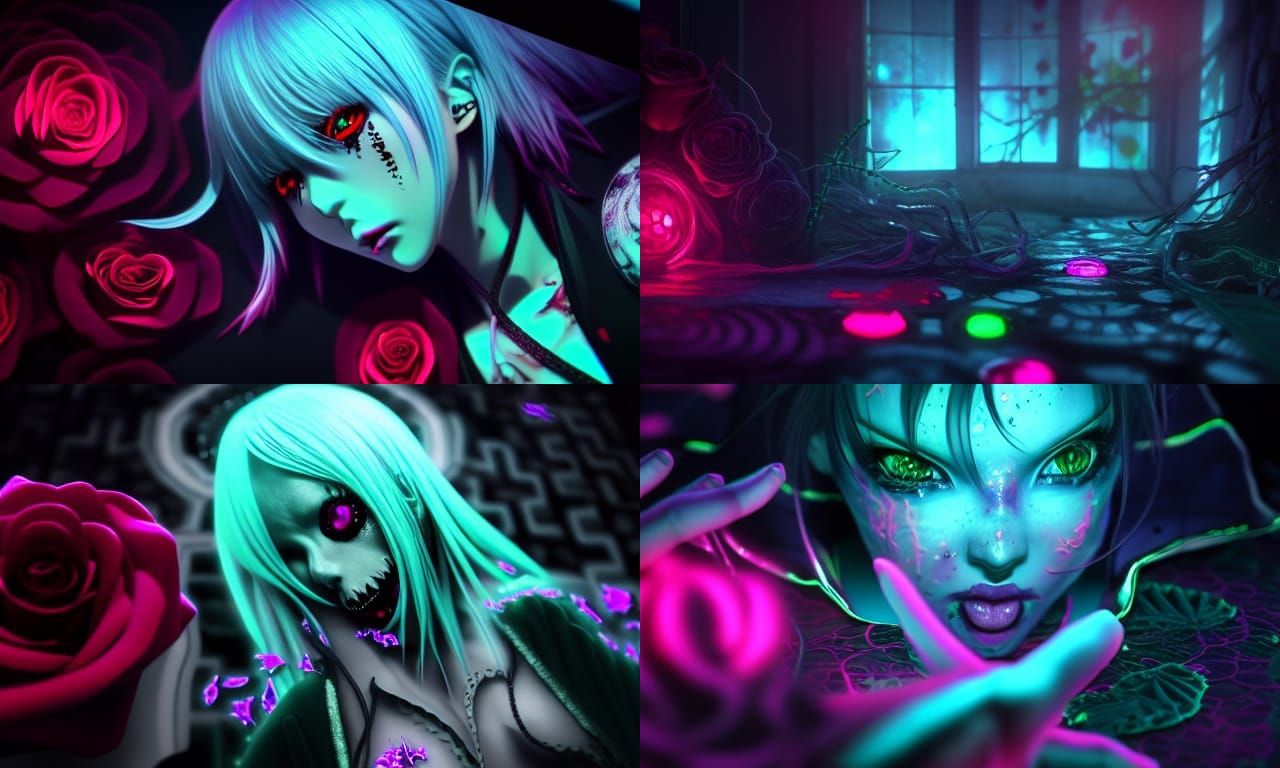 Black Roses and Broken Glass in Horror Anime Style