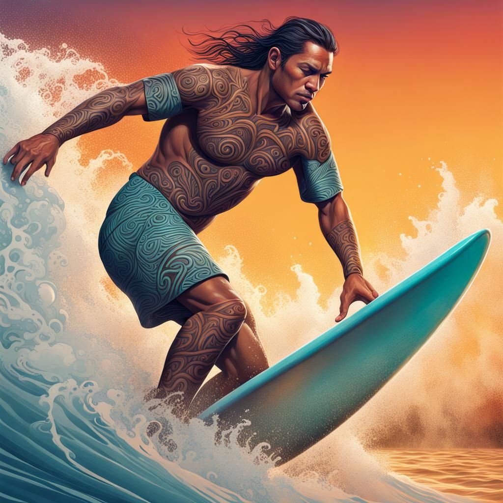 Hyperrealistic Maori Surfer Splash Art