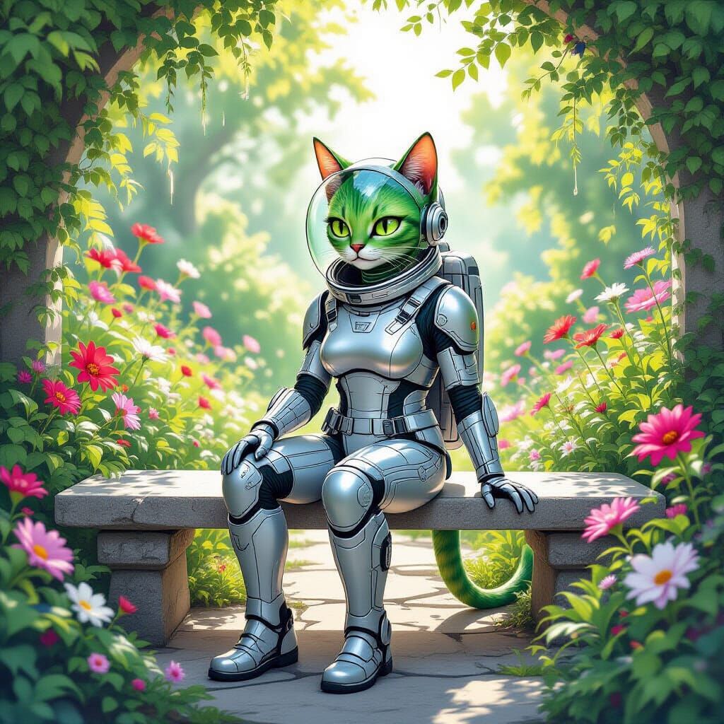 Green Alien Cat-Girl in Garden: Watercolor Painting