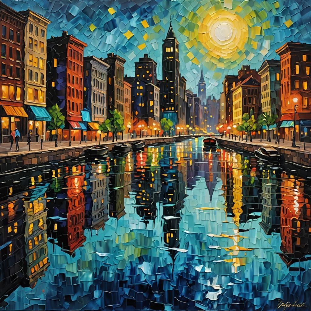 City Lights Reflection as Impasto Painting