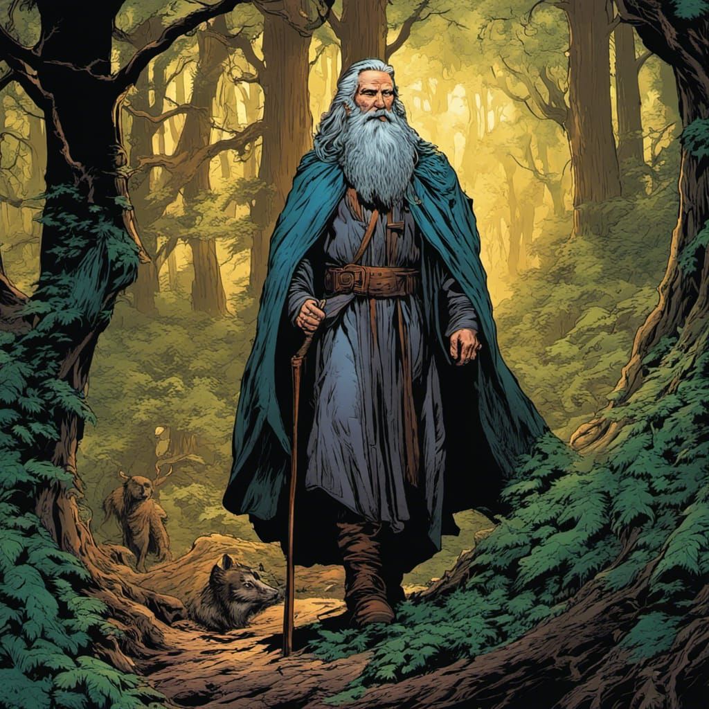 Old Mage Walks in Forest: Comic Book Art