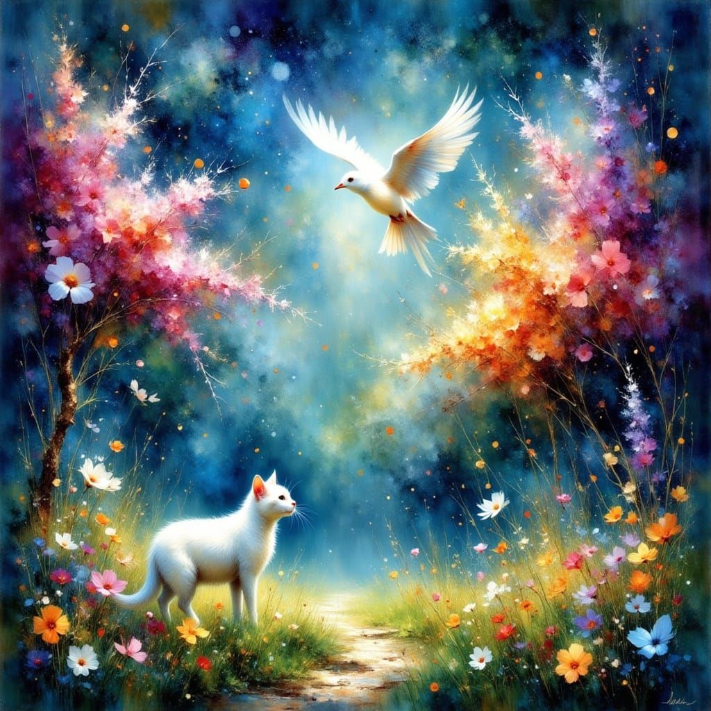 Whimsical Garden Scene with Bird in Flight and Celestial Ele...