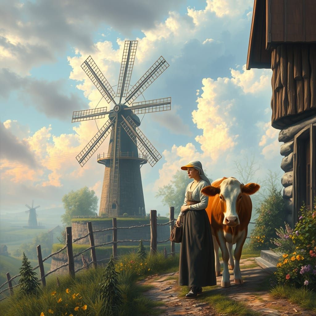Rustic Country Landscape with Amish Woman and Windmill in Et...